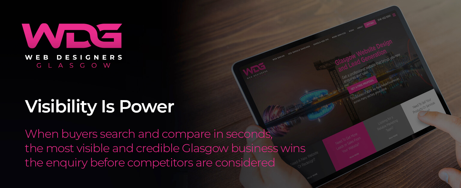 Laptop displaying search results for Glasgow services representing digital authority and dominance